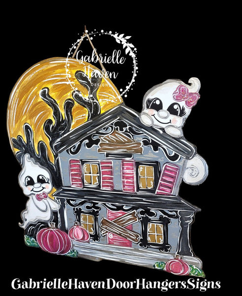 Haunted House Door Hanger Sign, Halloween Door Hanger Sign